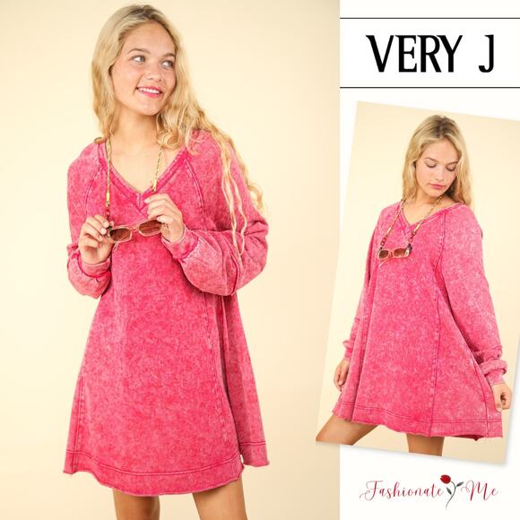VERY J Mineral Wash Raglan Sleeves V-Neck Oversized A-Line Mini Dress | Magenta - Picture 1 of 6